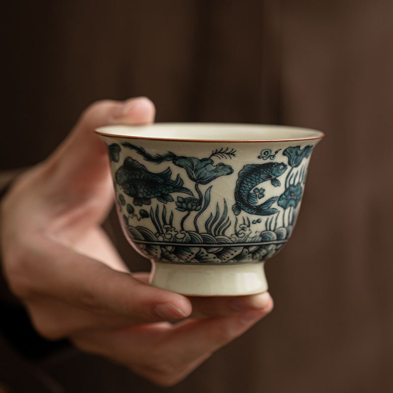 Tách trà gốm sứ kiểu Trung Hoa giả cổ nhà Tống, họa tiết vảy cá, bộ trà đạo, tách nếm trà, tách chủ, tách đơn, men nứt