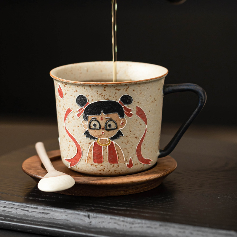 Màu xanh và trắng đá lửa đỏ cốc cà phê Nezha cốc uống nước Internet người nổi tiếng cốc cao cấp gốm sứ gia đình trà cốc cà phê