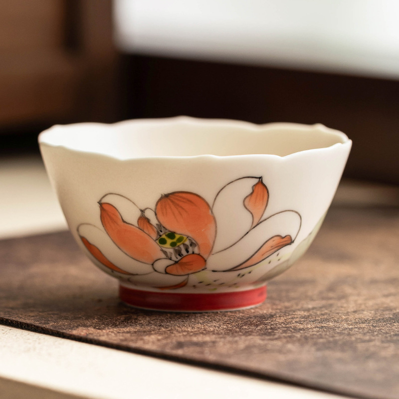 Cốc trà gốm sứ màu hồng vẽ tay hoa sen miệng bát cốc cao cấp cốc chủ nhân lớn tách trà chuyên dụng tách trà cốc đơn