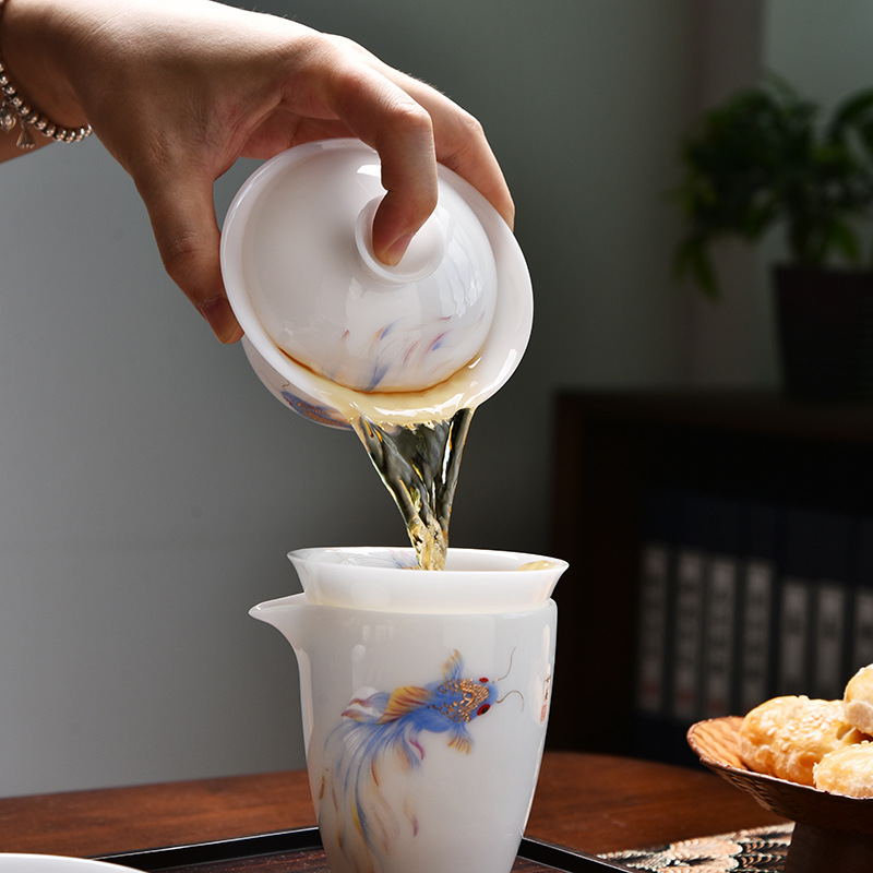 Bộ trà Kung Fu bằng sứ ngọc bích ngọc bích mỡ cừu Bộ bát pha trà sứ trắng Đức Hoa trọn Bộ quà tặng doanh nghiệp