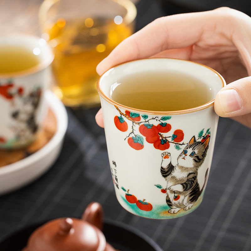 Gốm Ru Lò Nung Hồng Mèo Dễ Thương Tức Thì Cốc Trà Cá Nhân Chủ Cốc Trà Kung Fu Bộ Trà