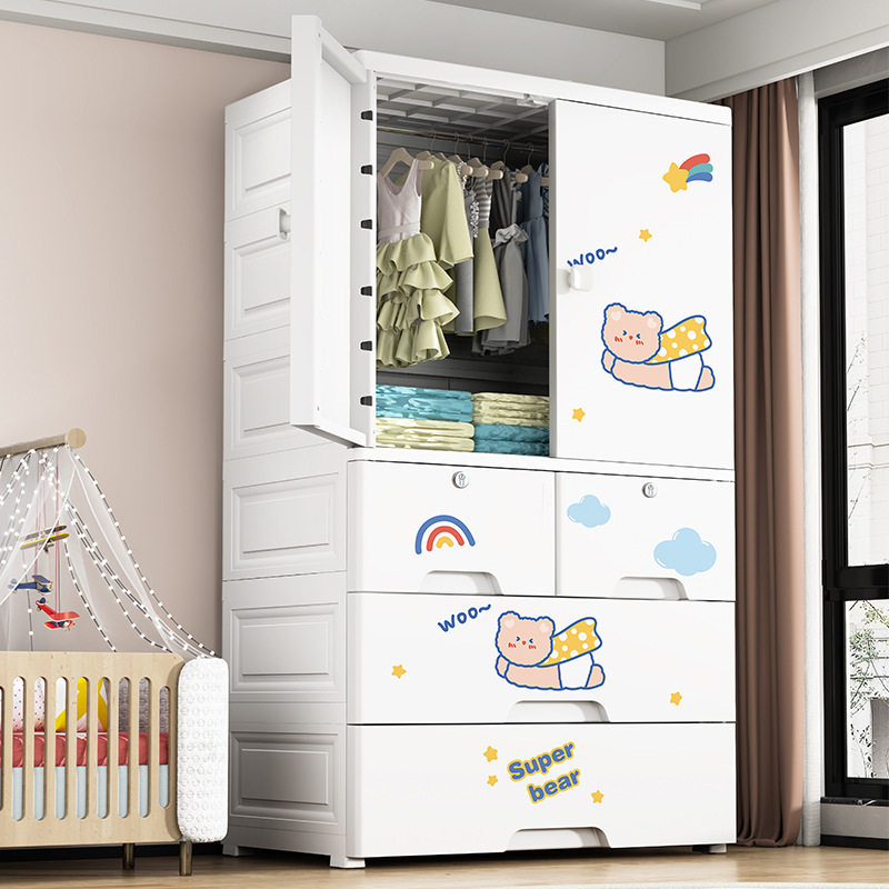 56 Chiều rộng phim hoạt hình đơn giản tủ quần áo nhựa mở cửa treo tủ lưu trữ lắp ráp tủ khóa trẻ em tủ quần áo trẻ em