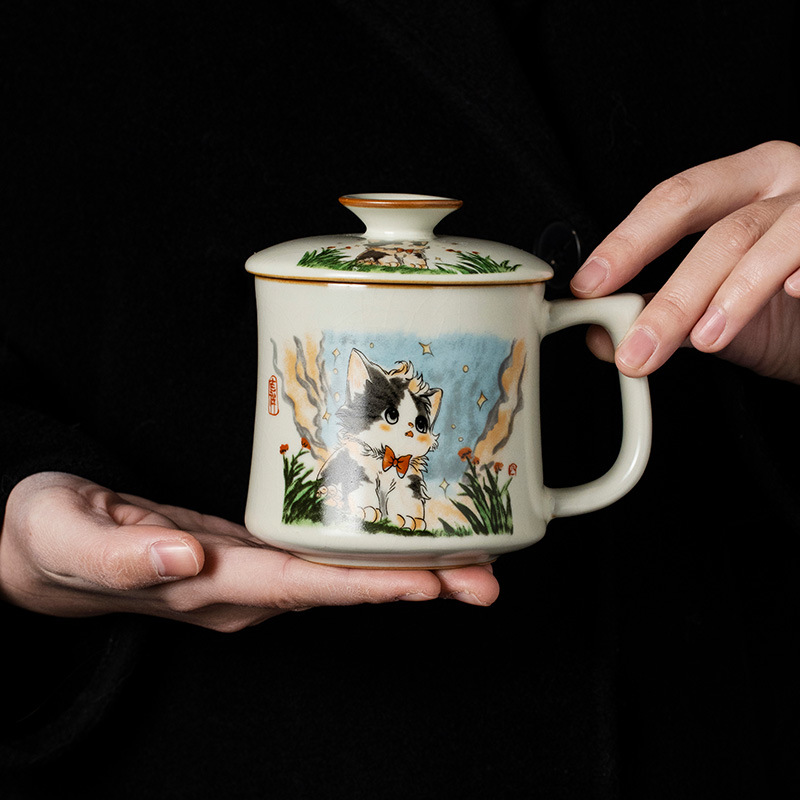 Cốc mug mèo dễ thương Ru Kiln cốc gốm cốc nước văn phòng cốc cao cấp sang trọng nhẹ gia dụng dung tích lớn