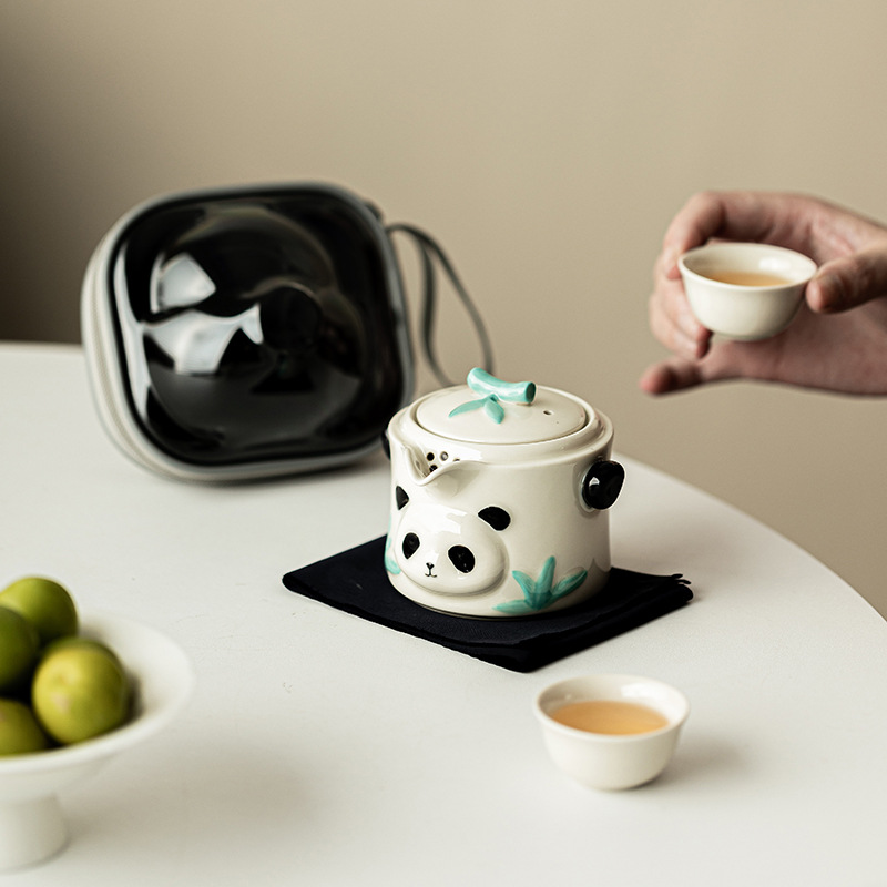 Vẽ tay Panda Kuaike Cup Bộ ấm trà du lịch gốm sứ Một ấm hai cốc cắm trại ngoài trời ô tô cầm tay nhóm pha trà