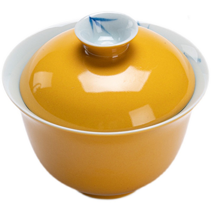 Bát gốm tráng men quặng thô màu vàng kiểu Trung Quốc, bát trà ẩn bằng tre xanh trắng, Bát pha trà vẽ tay Văn Nhân