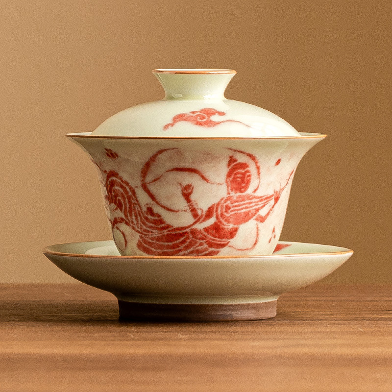 Bát có nắp ba tài văn hóa và sáng tạo Đôn Hoàng, bát pha trà gia dụng cao cấp, bộ trà Trung Quốc không nóng, bát trà gốm sứ có nắp