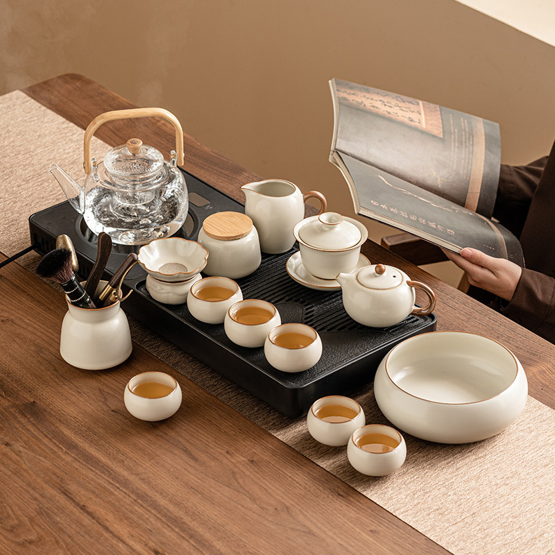 Bộ trà tráng men màu vàng gạo nhà xưởng, khay trà tích hợp tự động, bếp gốm điện, bàn trà pha trà đơn giản, trọn bộ, biển trà lớn