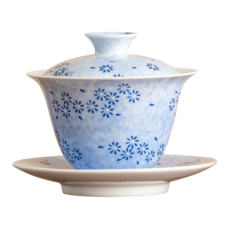 Cốc trà chén trà chén trà gốm vẽ tay tinh xảo tam tài cao cấp có nắp bộ trà kungfu dùng trong gia đình