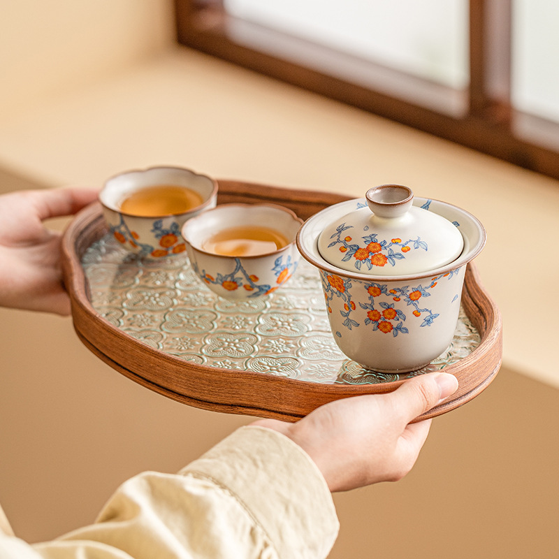 Hoa mai xanh cành Ru Sứ Nắp bát trà Cốc pha trà gia dụng Bát Trà Tam tài có nắp bộ trà Kungfu cao cấp đơn