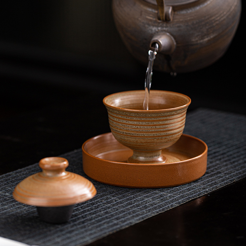 Bát đựng trà bằng đất đá cũ tráng men hai nắp phong cách Trung Quốc cổ điển gốm thô cũ bằng đất sét đá cũ hộp quà bộ trà kungfu gia dụng