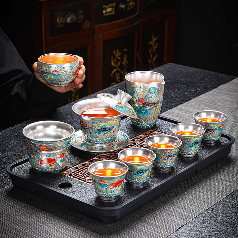 Bộ trà bạc sang trọng nhẹ ấm trà sơn nổi bằng tay bạc nguyên chất 999 có thể lơ lửng bát nắp bộ trà Kung Fu lắp ráp