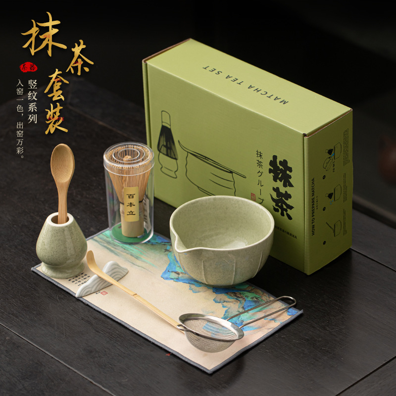 Bộ trà Matcha hoa văn dọc Bộ lớn Bình trà Bát Matcha đứng Muỗng lọc thìa trà Bộ trà Matcha Phụ kiện gốm sứ