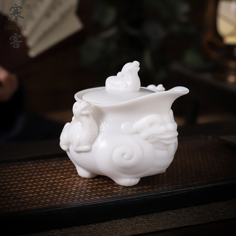 Bộ ấm chén trà Kung Fu sứ ngọc bích cao cấp cầm tay Guo Zhibao, quà tặng cấp bậc thầy, họa tiết Pixiu, màu trắng Trung Quốc