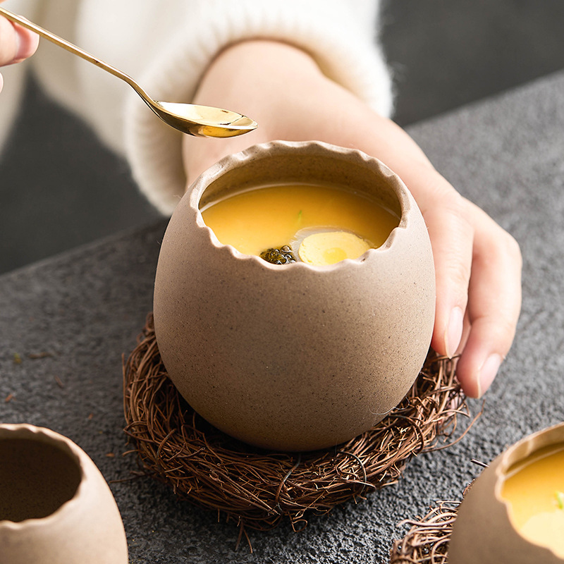 Hình dạng vỏ trứng, Bát hấp trứng, bát tráng miệng, bát tráng miệng, bát gốm hình quả trứng đà điểu, bát sữa chua, bộ đồ ăn nhà hàng đặc sản sáng tạo