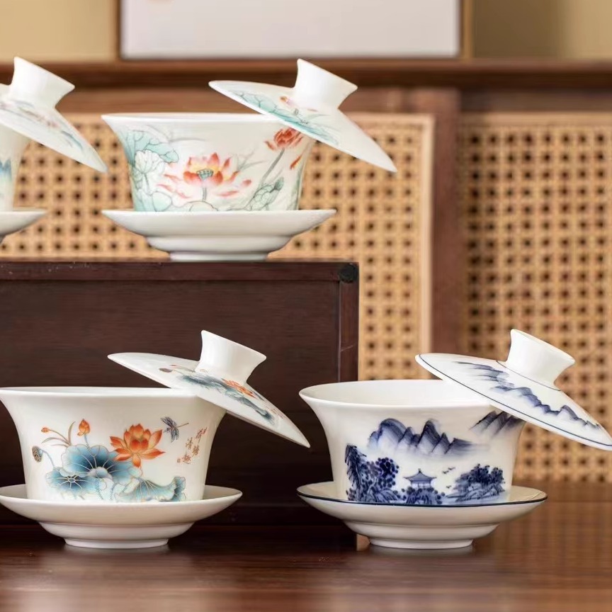 Bát có nắp di chuột bằng gốm sứ cỡ lớn Bộ trà sứ trắng Đức Hoa cao cấp không nóng bát pha trà tám báu