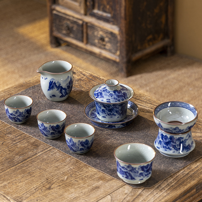 Jingdezhen Blue and Blue and Blue Mountain Range Rover Horseshoe Sancai Bát trà Cốc trà Bát trà Kung Fu cao cấp Bộ trà