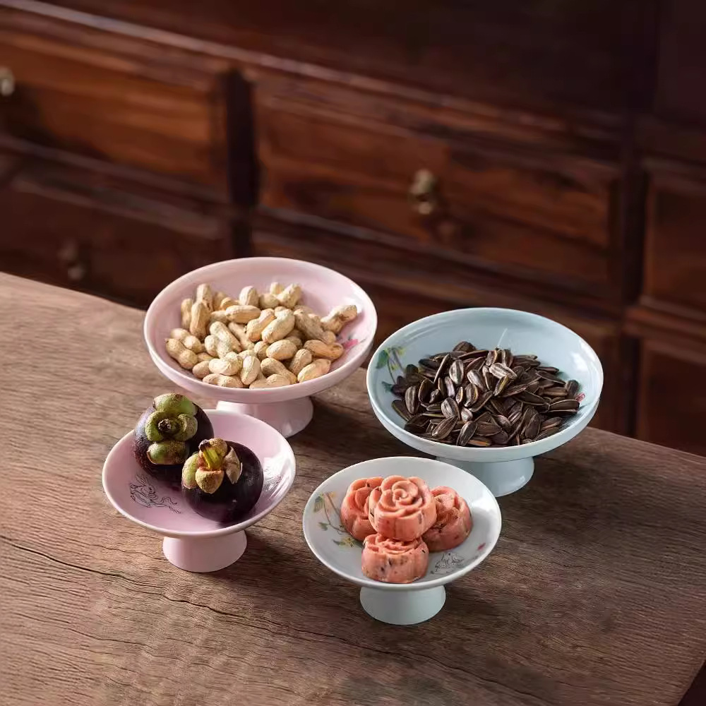 Đĩa cao chân gốm sứ kiểu Trung Quốc, đĩa giải khát chân cao cổ điển, đĩa chấm bi gia dụng, đĩa phục vụ hoa quả gia dụng, Đĩa hoa quả khô quanh bếp