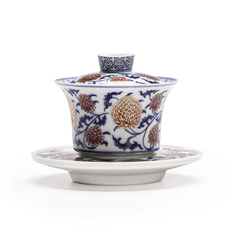 Bát có nắp hoa sen kim cương đỏ tráng men xanh cổ bộ trà gốm sứ cổ điển tô có nắp bằng vàng cốc trà bán buôn