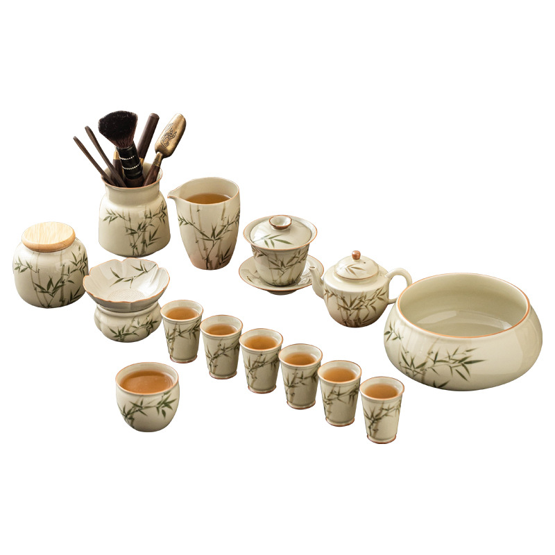 Bộ ấm trà bằng tre xanh ngọc bích vẽ tay bộ ấm trà Kung Fu gốm sứ cao cấp sang trọng nhẹ gia dụng