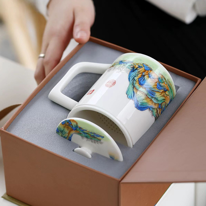 Cốc văn phòng sứ trắng Qianli Jiangshan cốc pha trà lọc có nắp cốc nước cá nhân gia dụng cốc cốc đựng quà tặng tay