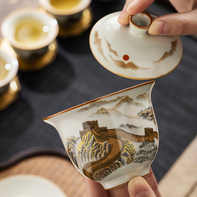 Cốc trà nắp tam tài Vạn Lý Trường Thành lơ lửng bát trà cỡ lớn cao cấp có nắp bộ trà mẫu mới 2025