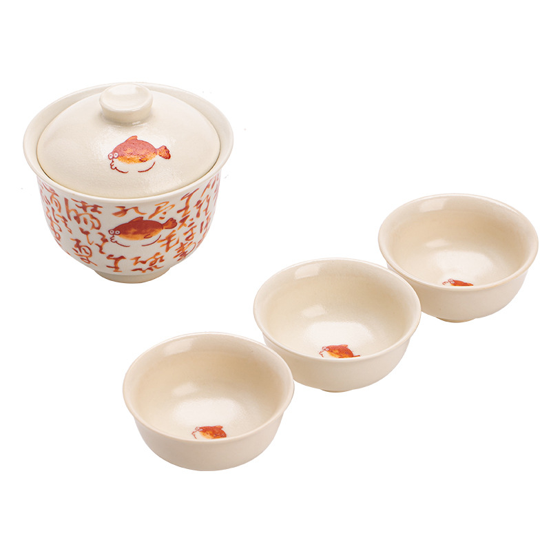 Soda tráng men cá Si Wenzao Qingyuan bát có nắp Bộ đồ trà cốc trà gốm sứ gia dụng Bộ trà Kung Fu đơn giản