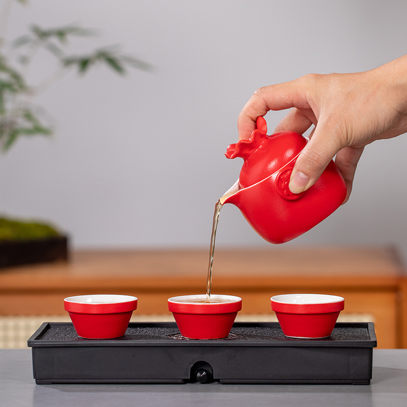 Bộ ấm chén sứ đen, một ấm ba chén, bộ ấm trà tiện lợi, bộ du lịch, túi du lịch, quà tặng, có thể thêm logo