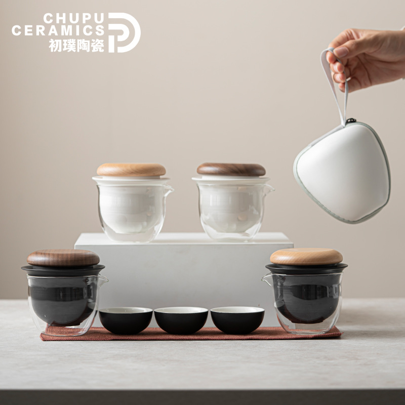 Bộ trà du lịch ngoài trời đơn giản gốm sứ Chpu một ấm Ba cốc cốc Nhanh Túi lưu trữ tiện lợi bộ quà lưu niệm