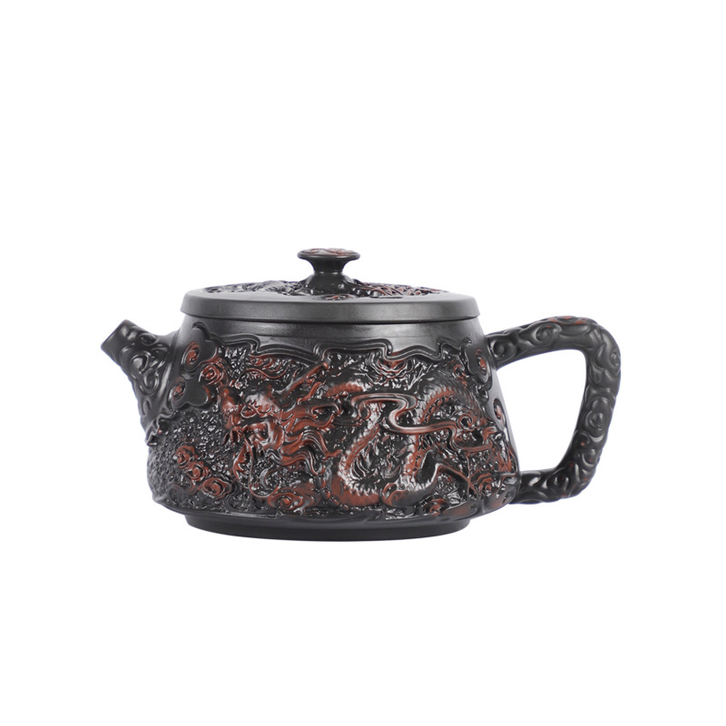 Ấm gốm tím Vân Nam Jianshui chạm nổi thủ công ấm đá rồng phượng ấm trà gốm tím bộ trà dung tích lớn chuyên dụng pha trà