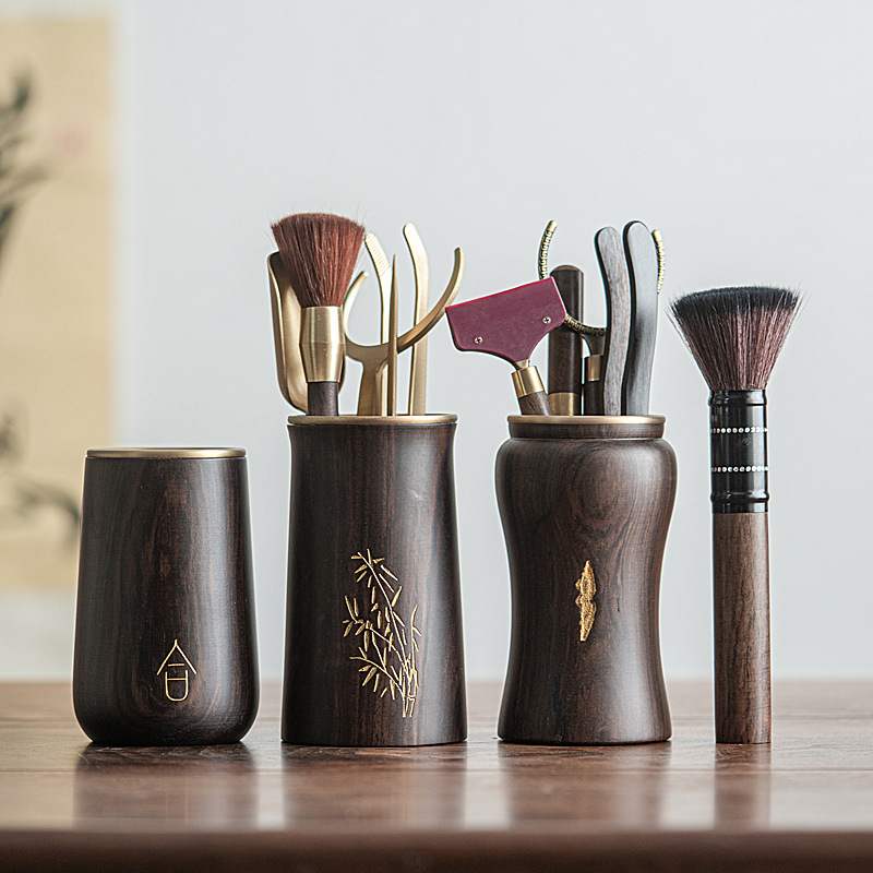 Bộ sáu quý ông trà đạo Bộ trà Kung Fu bằng gỗ mun Phụ kiện Bộ trà Daquan Dụng cụ uống trà cao cấp Kẹp trà dao đồng nguyên chất