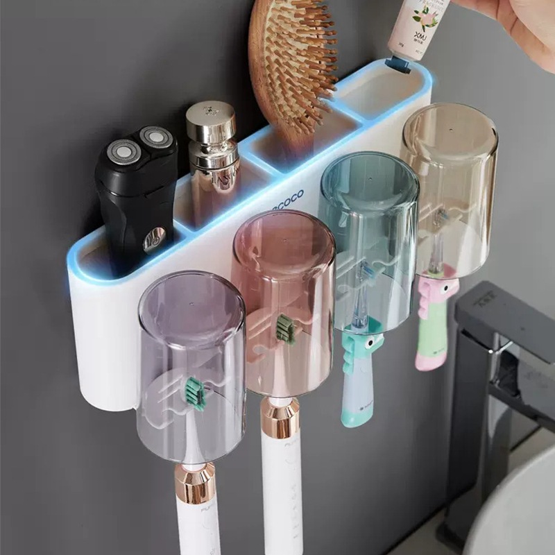 Giá đựng bàn chải đánh răng treo tường, Giá Đựng Bàn Chải Đánh Răng không đục lỗ cho phòng tắm, cốc đựng bàn chải đánh răng trong suốt, Bộ Cốc đựng bàn chải đánh răng