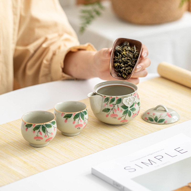 Bộ trà Kung Fu lõi hoa vẽ tay tinh khiết Bộ trà thực vật màu xám men màu một bình hai cốc Bộ đồ du lịch gốm sứ gia dụng