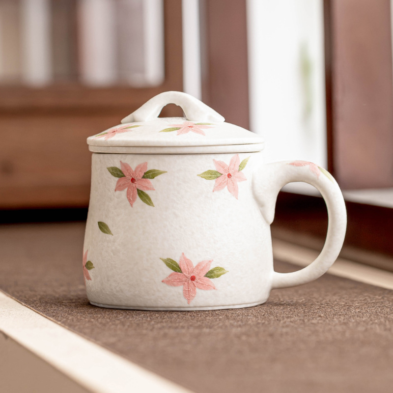 Cốc văn phòng hoa anh đào trắng khai thác đá cốc tách nước trà cốc gốm sứ vẽ tay gia dụng cốc trà văn phòng có nắp