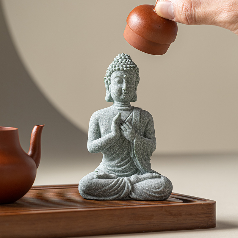 Đồ trang trí nhỏ tượng Phật năm phật bằng đá sa thạch xanh, đồ trang trí tiểu cảnh bể cá, đồ thủ công mỹ nghệ phòng trà phòng khách bàn cà phê thiền thú cưng trà