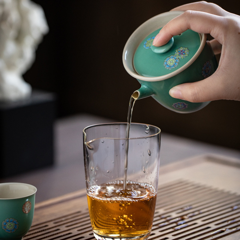 Bình cầm tay Lưu Phương bát có nắp gốm xanh ngọc lam kiểu Nhật ấm cầm tay dụng cụ pha trà Kung Fu ấm trà dụng cụ pha trà