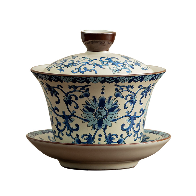 Bát có nắp ba tài màu xanh và trắng Ruyao Bộ ấm trà Kung Fu cổ điển Bát pha trà gốm sứ gia dụng có nắp không nóng