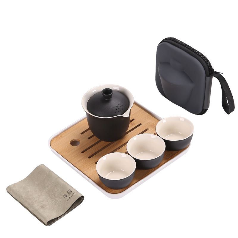 Bộ trà sóng biển gốm thô Bộ một ấm Ba cốc đựng đồ xách tay ngoài trời dụng cụ pha trà đơn giản Bộ trà Kung Fu gốm sứ