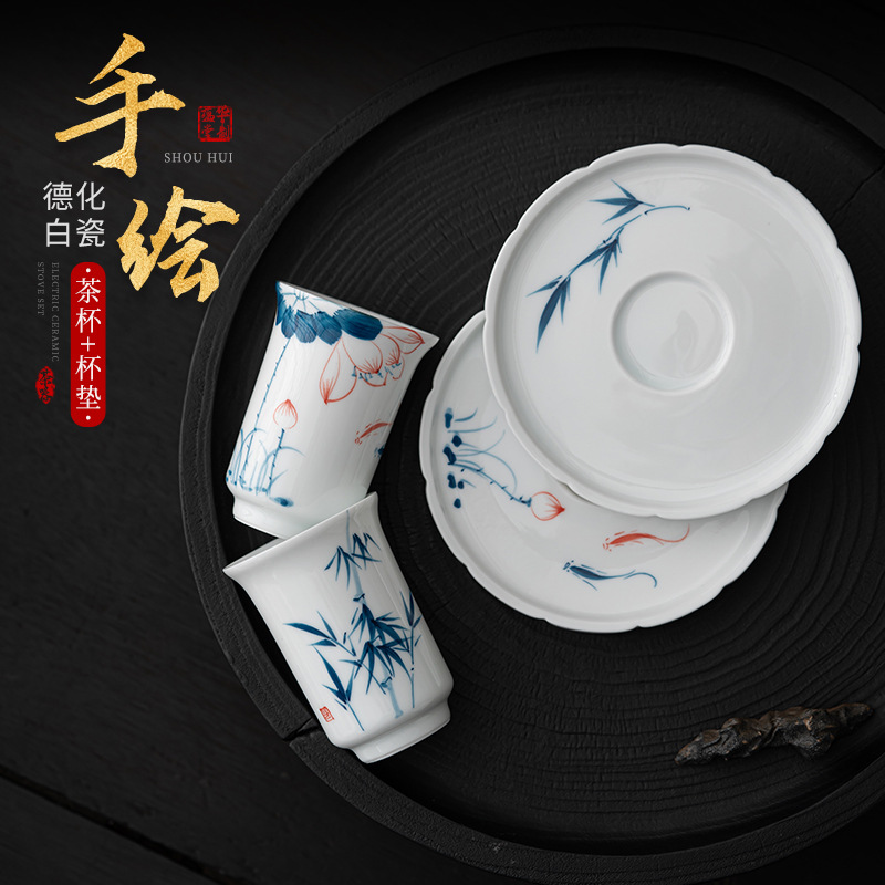 Cốc sứ trắng hoa sen vẽ tay, cốc trà, Cốc thơm, cốc trà nhỏ công phu gốm sứ Wenzhu, cốc đơn màu xanh và trắng, cốc chủ nhân