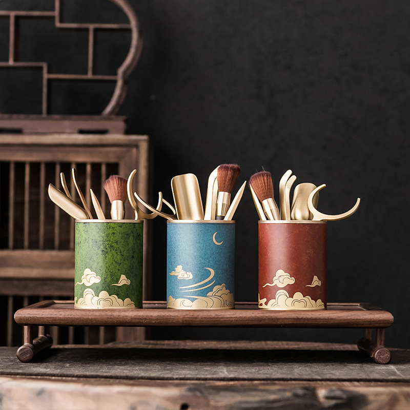 Phụ kiện Bộ Trà Công Phu sáu quý ông trà đạo bằng đồng sơn mài Hộp đựng bút văn phòng Bộ trà đạo Bộ dụng cụ pha trà