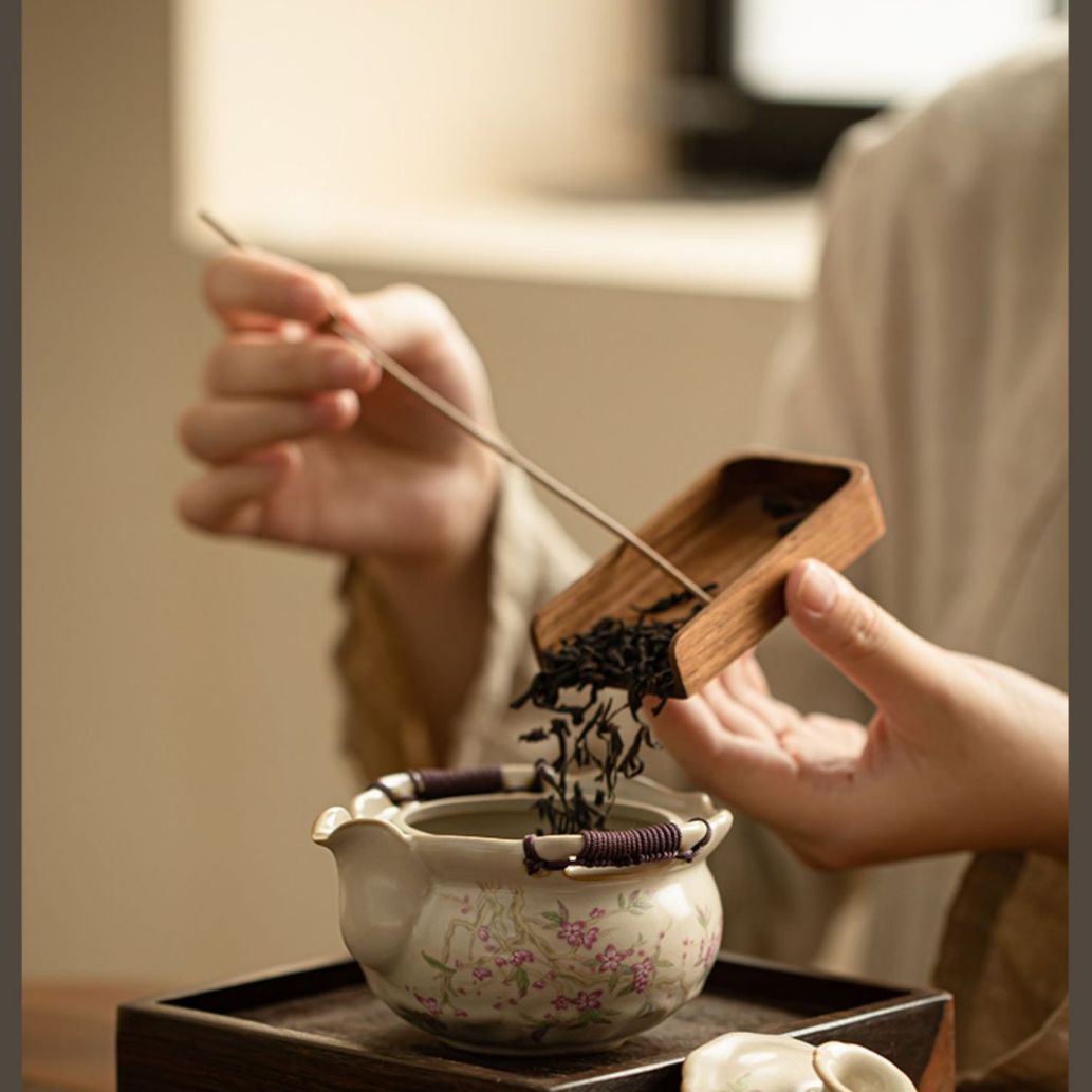 Ấm cầm tay Ru Kiln màu be, bát có nắp cỡ lớn, chén trà, khay trà, bát pha trà chống bỏng, bộ trà Kung Fu cao cấp mở lát