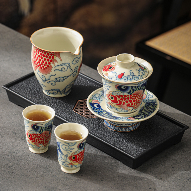 Bộ cốc trà ba nắp cá rồng móng ngựa bộ bát trà không nóng chuyên dụng cá nhân bộ trà cao cấp bộ ba món