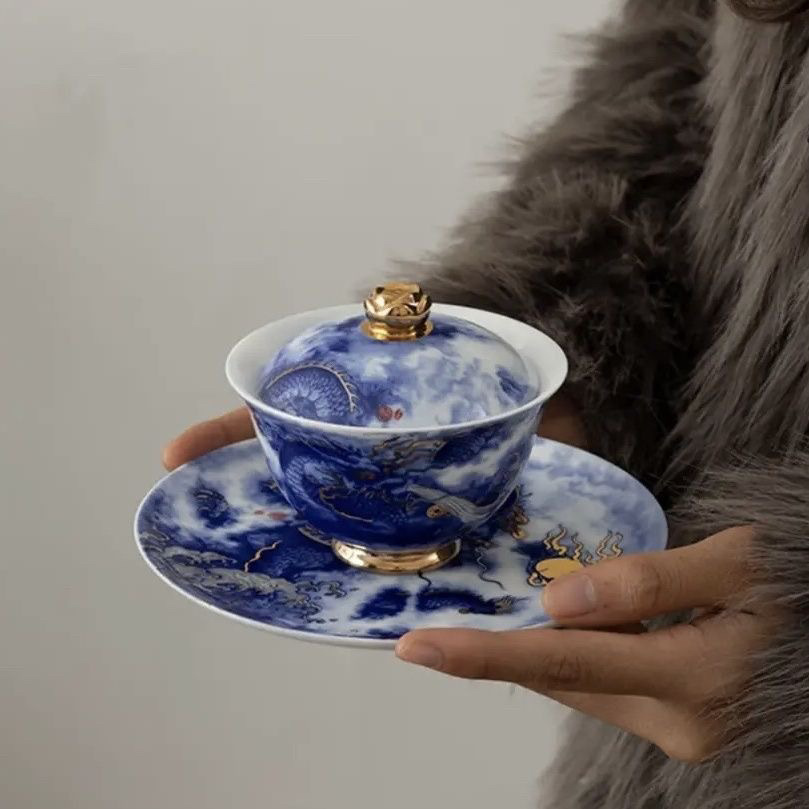 Huang Xudong màu phấn vẽ tay màu xanh sapphire họa tiết rồng phủ bát handmade gốm trà trà phủ bát quà tặng lưu niệm
