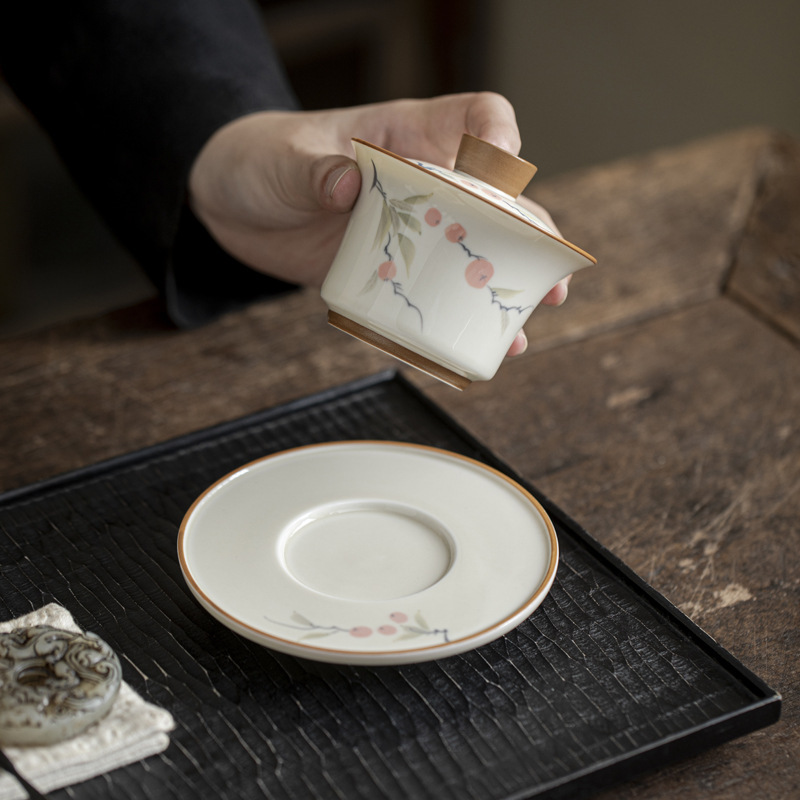 Bát ba tài vẽ tay tráng men màu hồng hồng Ruyi dụng cụ pha trà Kung Fu cao cấp Trung Quốc gia dụng bát trà gốm sứ