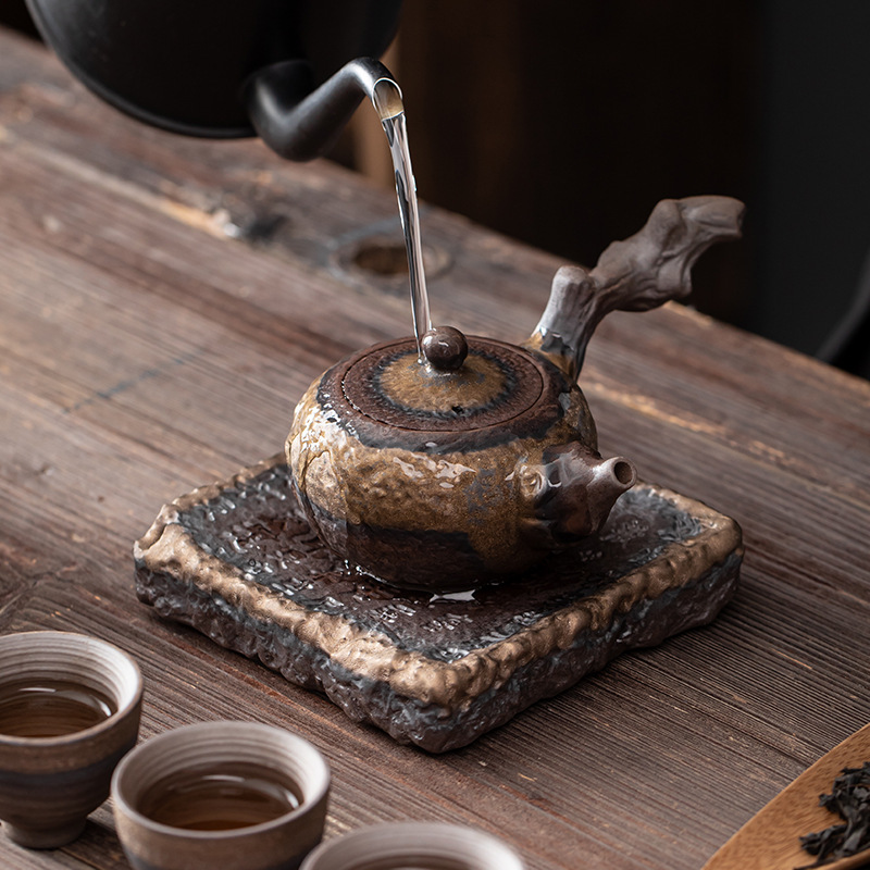 Bình kinh tim, bình gốm thô nhỏ tráng men mạ vàng kiểu Nhật, bình bọt khô, bình đệm, bình nâng, khay trà