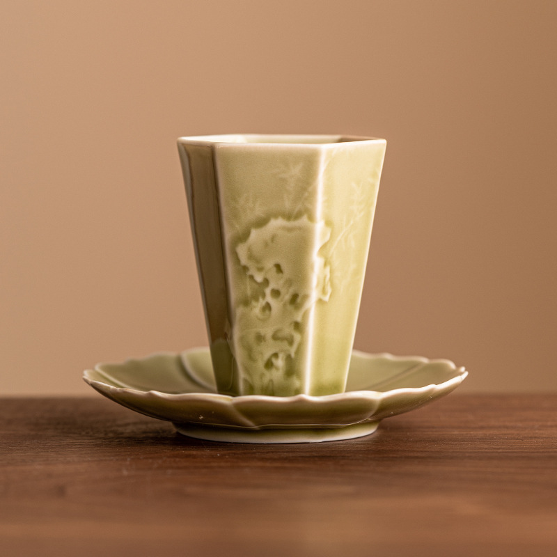 Cốc chủ nhân hình lục giác lò Yaozhou cốc đơn cốc uống trà phù điêu cao cấp Trung Quốc cốc trà đơn bộ trà Kung Fu hộp quà