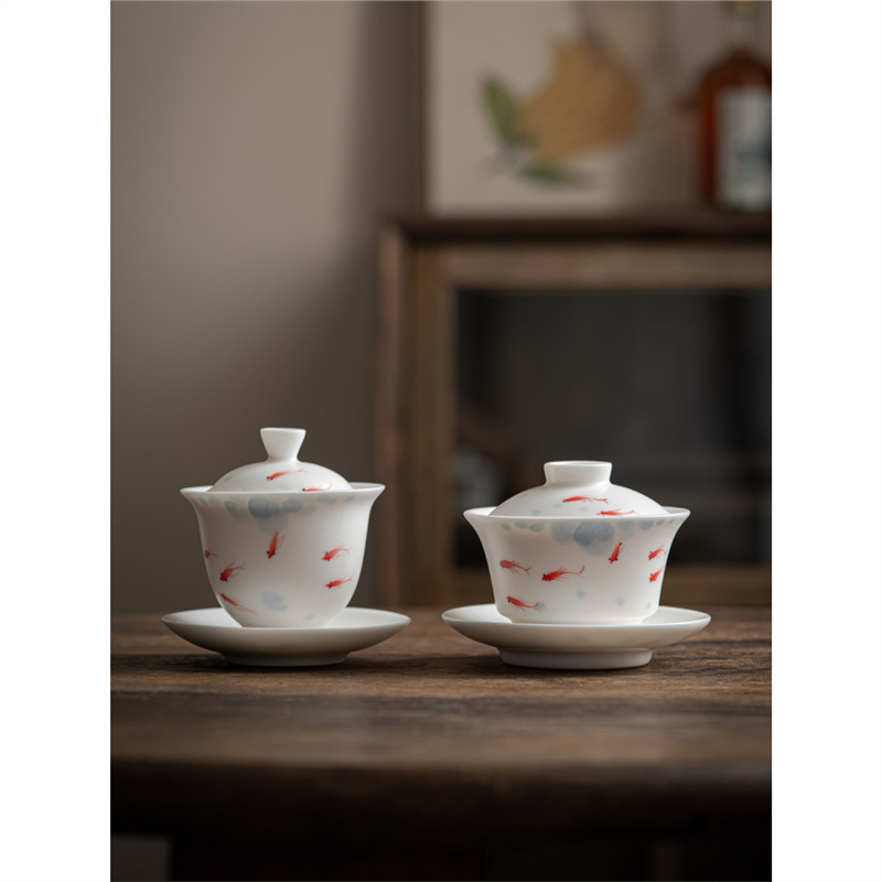 Cao cấp vẽ tay chơi cá lò Bairu ba cái nắp đậy bát pha trà gốm sứ cốc sứ Trung Quốc có nắp đơn chống bỏng