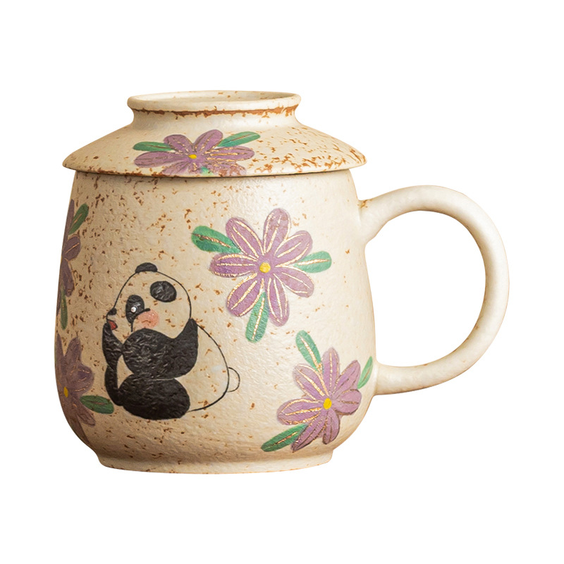 Cốc nước gốm sứ đỏ đá lửa trắng xanh, cốc văn phòng vẽ tay gấu trúc vẽ tay hoa cúc, cốc uống nước gia dụng, cốc trà