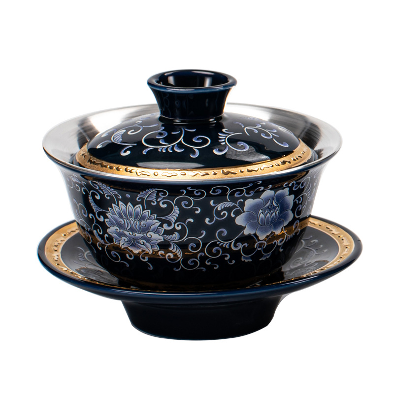 Bát có nắp mạ bạc bằng sứ trắng xanh Jingdezhen bát trà gốm sứ cốc trà lớn bộ trà Kung Fu cao cấp cốc trà gia dụng