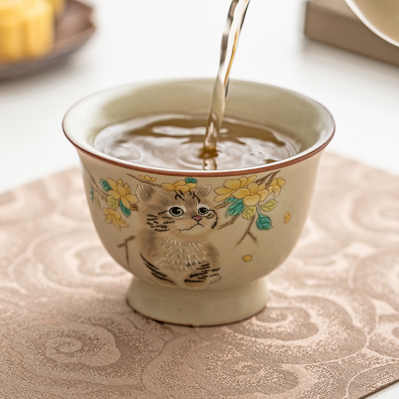 Cốc chủ nhân mèo dễ thương Ruyao cốc đơn cá nhân có thể mở bộ trà Kung Fu gốm sứ Trung Quốc cốc trà nhỏ cốc trà gia dụng