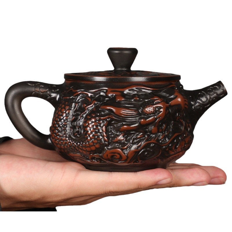 Ấm trà gốm tím Jianshui, ấm trà ngói Hán khắc thủ công, ấm trà Fengming có thể nâng xoay, bộ ấm trà gia dụng